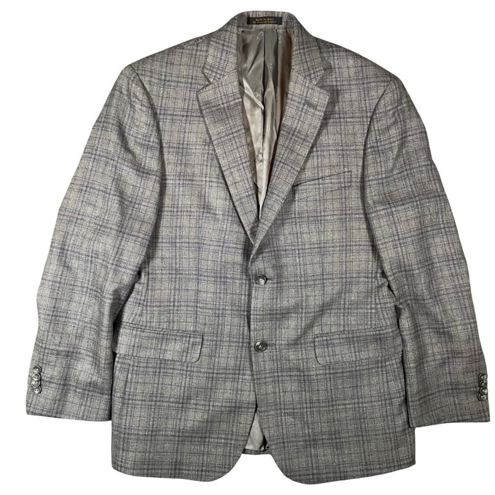 Jos A Bank Reserve Blazer 40R Tailored Fit Silk Wool Gray Blue Plaid Sport‎ Coat